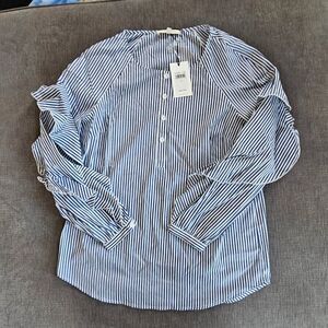 7 For All Mankind Womens Navy & White Stripe Ruffled Long Sleeves Blouse Size XS